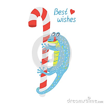 Blue gecko is hanging on a red candy cane. Vector Illustration